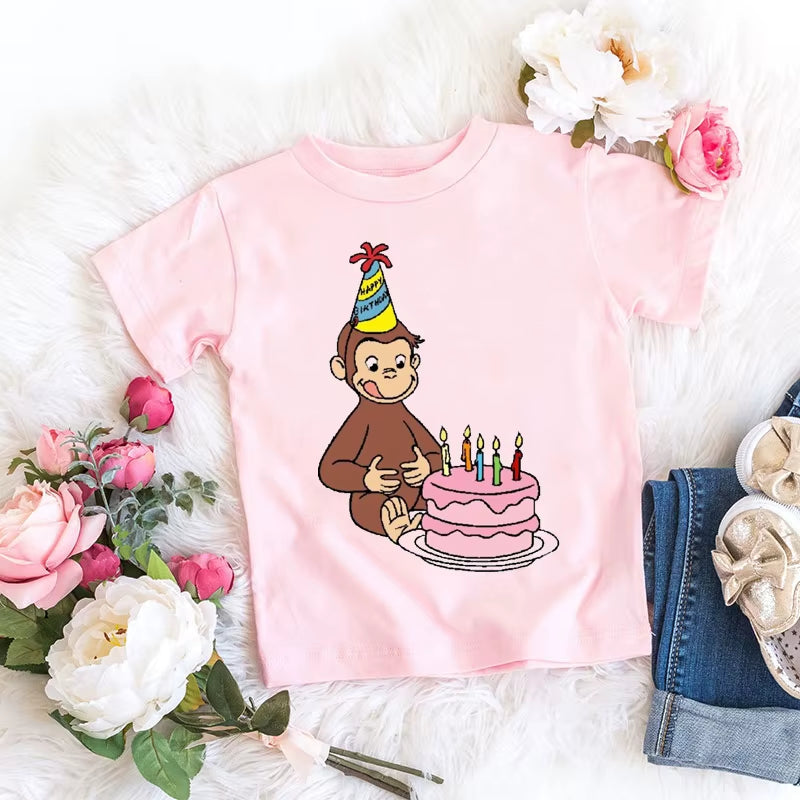 Kawaii Girls T-Shirts Curious George Cartoon Monkey Print Children'S Clothing Summer Tees Girls Tshirts Pink Short-Sleeved Tops