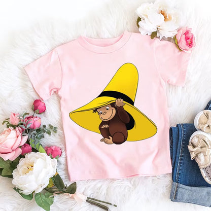 Kawaii Girls T-Shirts Curious George Cartoon Monkey Print Children'S Clothing Summer Tees Girls Tshirts Pink Short-Sleeved Tops