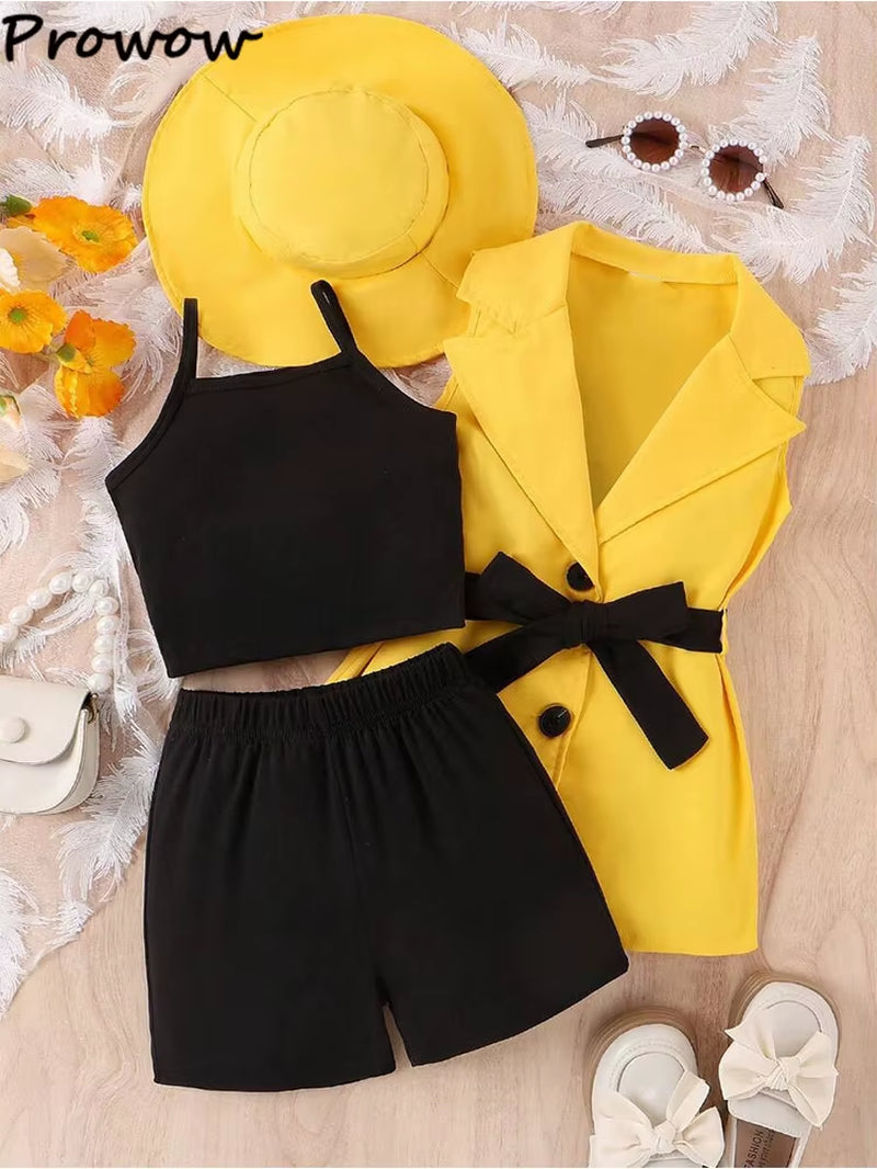 4Pcs Elegant Suit for Girls Children'S Clothing Belted Turn-Down Collar Jacket+Camisole+Shorts Luxury Girls Blazer Sets