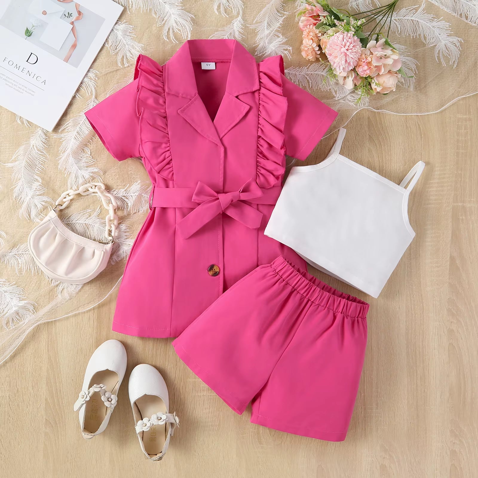 4Pcs Elegant Suit for Girls Children'S Clothing Belted Turn-Down Collar Jacket+Camisole+Shorts Luxury Girls Blazer Sets