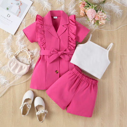 4Pcs Elegant Suit for Girls Children'S Clothing Belted Turn-Down Collar Jacket+Camisole+Shorts Luxury Girls Blazer Sets