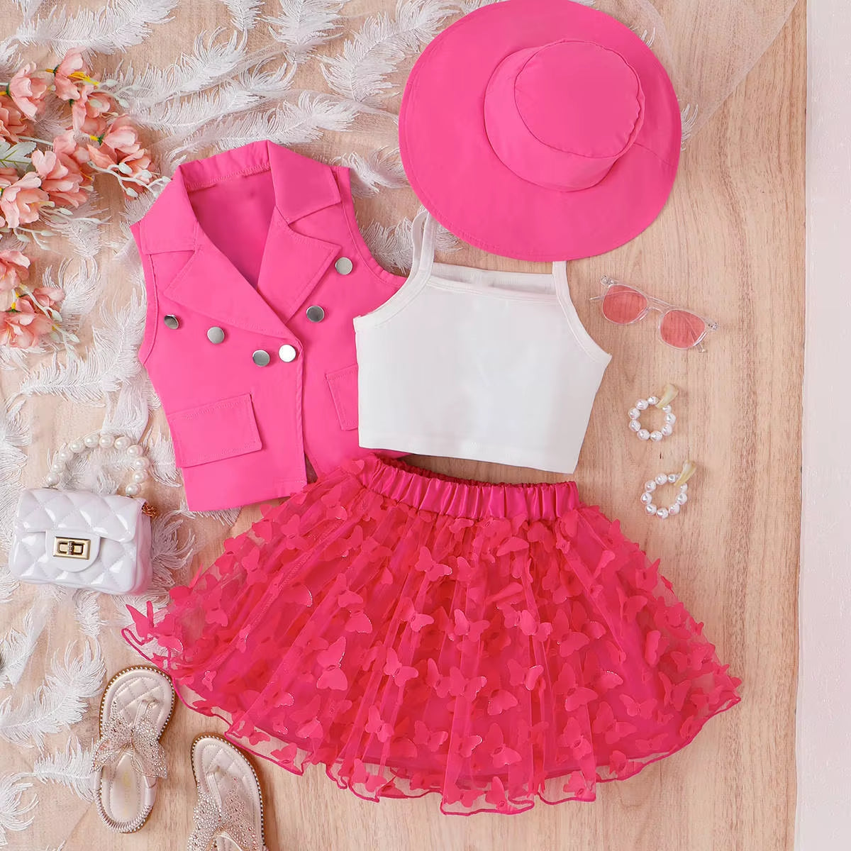 4Pcs Elegant Suit for Girls Children'S Clothing Belted Turn-Down Collar Jacket+Camisole+Shorts Luxury Girls Blazer Sets