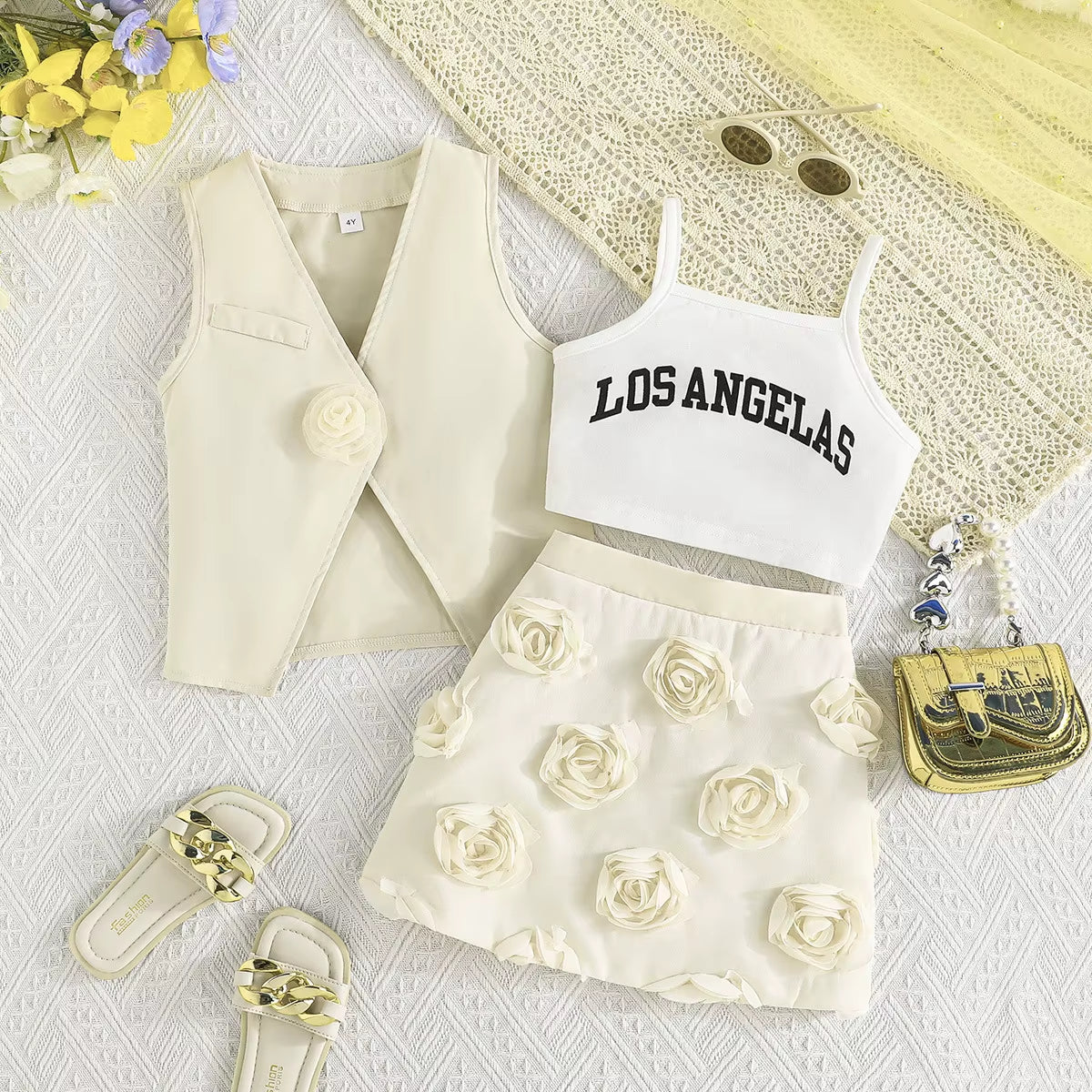 4Pcs Elegant Suit for Girls Children'S Clothing Belted Turn-Down Collar Jacket+Camisole+Shorts Luxury Girls Blazer Sets