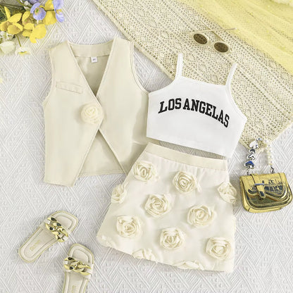 4Pcs Elegant Suit for Girls Children'S Clothing Belted Turn-Down Collar Jacket+Camisole+Shorts Luxury Girls Blazer Sets