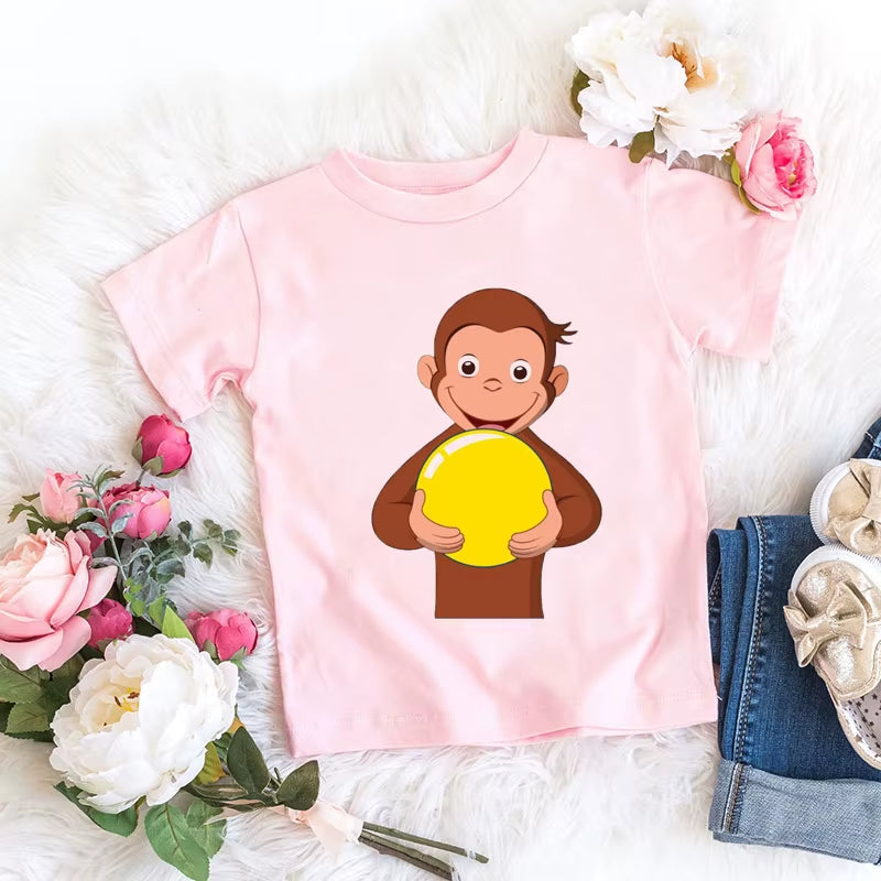 Kawaii Girls T-Shirts Curious George Cartoon Monkey Print Children'S Clothing Summer Tees Girls Tshirts Pink Short-Sleeved Tops