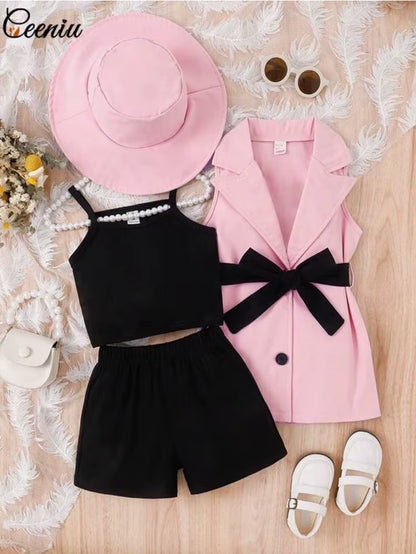 4Pcs Elegant Suit for Girls Children'S Clothing Belted Turn-Down Collar Jacket+Camisole+Shorts Luxury Girls Blazer Sets