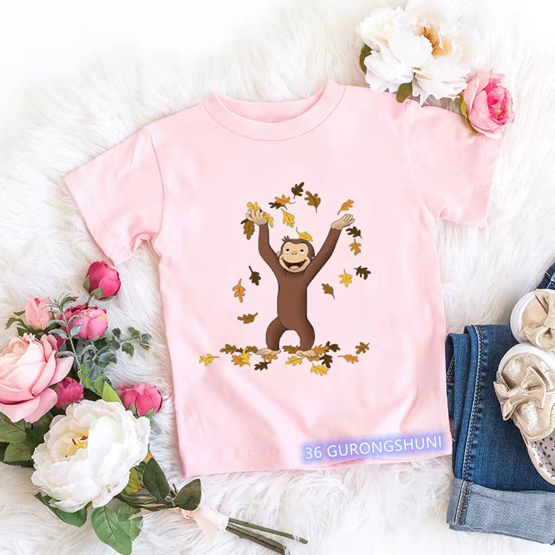 Kawaii Girls T-Shirts Curious George Cartoon Monkey Print Children'S Clothing Summer Tees Girls Tshirts Pink Short-Sleeved Tops