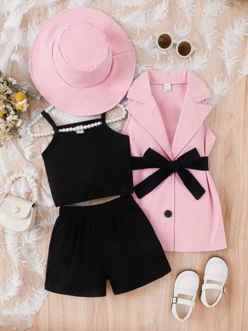 4Pcs Elegant Suit for Girls Children'S Clothing Belted Turn-Down Collar Jacket+Camisole+Shorts Luxury Girls Blazer Sets