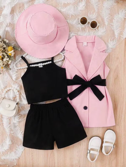 4Pcs Elegant Suit for Girls Children'S Clothing Belted Turn-Down Collar Jacket+Camisole+Shorts Luxury Girls Blazer Sets