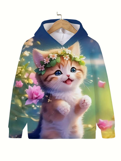 Children'S Clothing Hoodies Girls Clothes Long Sleeve Cute Cat Print Casual Kid Summer Autumn Clothes Kids Clothes Outdoor Tops