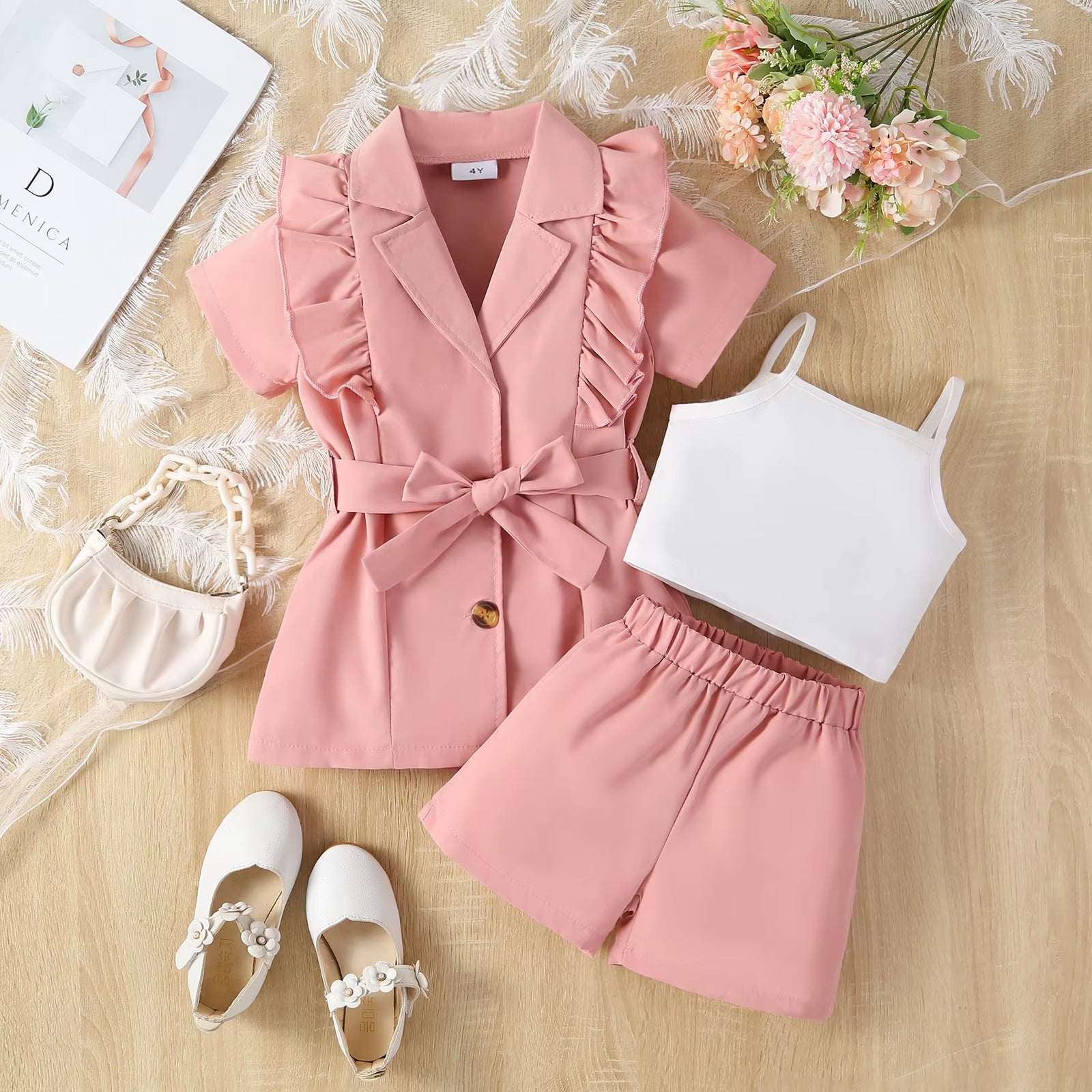 4Pcs Elegant Suit for Girls Children'S Clothing Belted Turn-Down Collar Jacket+Camisole+Shorts Luxury Girls Blazer Sets