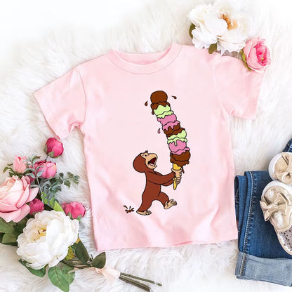 Kawaii Girls T-Shirts Curious George Cartoon Monkey Print Children'S Clothing Summer Tees Girls Tshirts Pink Short-Sleeved Tops