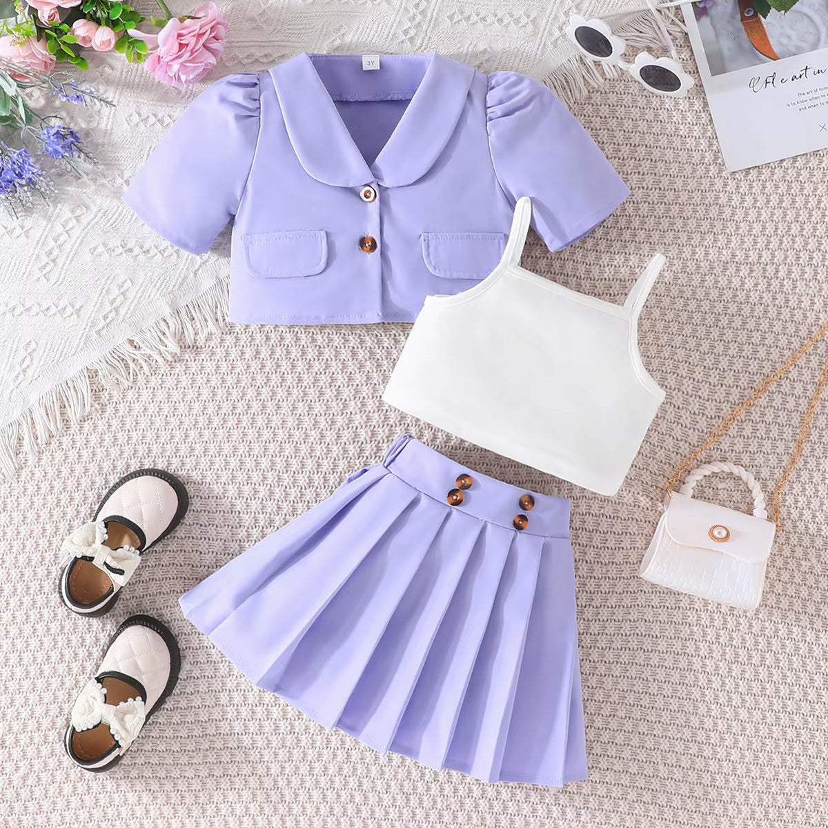 4Pcs Elegant Suit for Girls Children'S Clothing Belted Turn-Down Collar Jacket+Camisole+Shorts Luxury Girls Blazer Sets