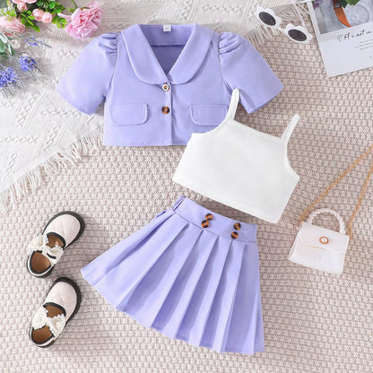 4Pcs Elegant Suit for Girls Children'S Clothing Belted Turn-Down Collar Jacket+Camisole+Shorts Luxury Girls Blazer Sets