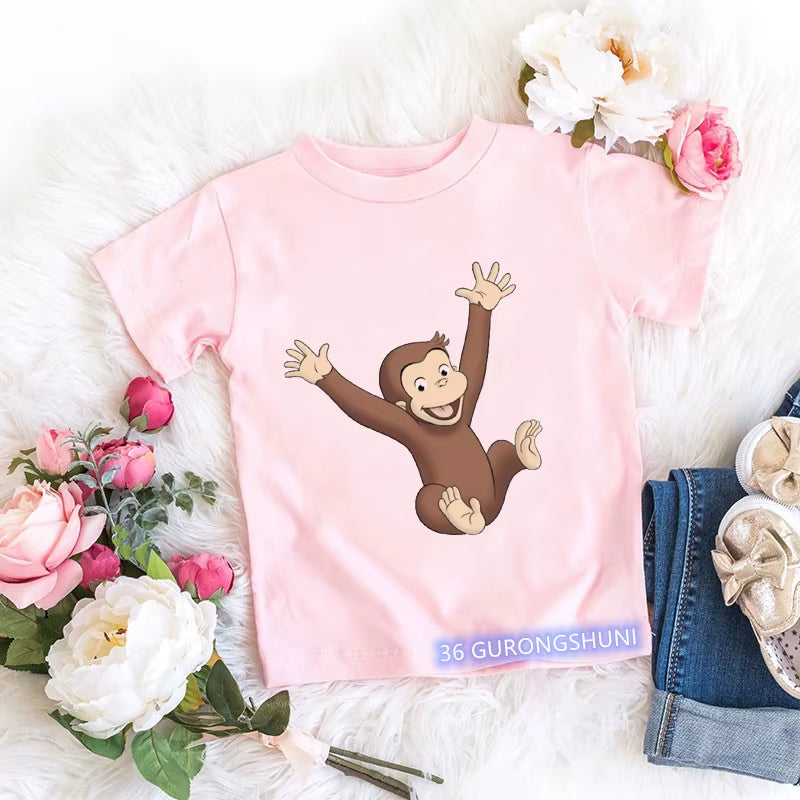 Kawaii Girls T-Shirts Curious George Cartoon Monkey Print Children'S Clothing Summer Tees Girls Tshirts Pink Short-Sleeved Tops