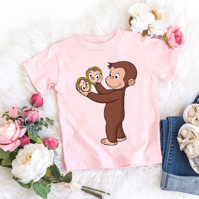 Kawaii Girls T-Shirts Curious George Cartoon Monkey Print Children'S Clothing Summer Tees Girls Tshirts Pink Short-Sleeved Tops