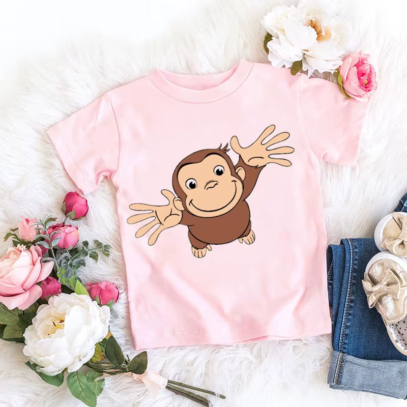 Kawaii Girls T-Shirts Curious George Cartoon Monkey Print Children'S Clothing Summer Tees Girls Tshirts Pink Short-Sleeved Tops
