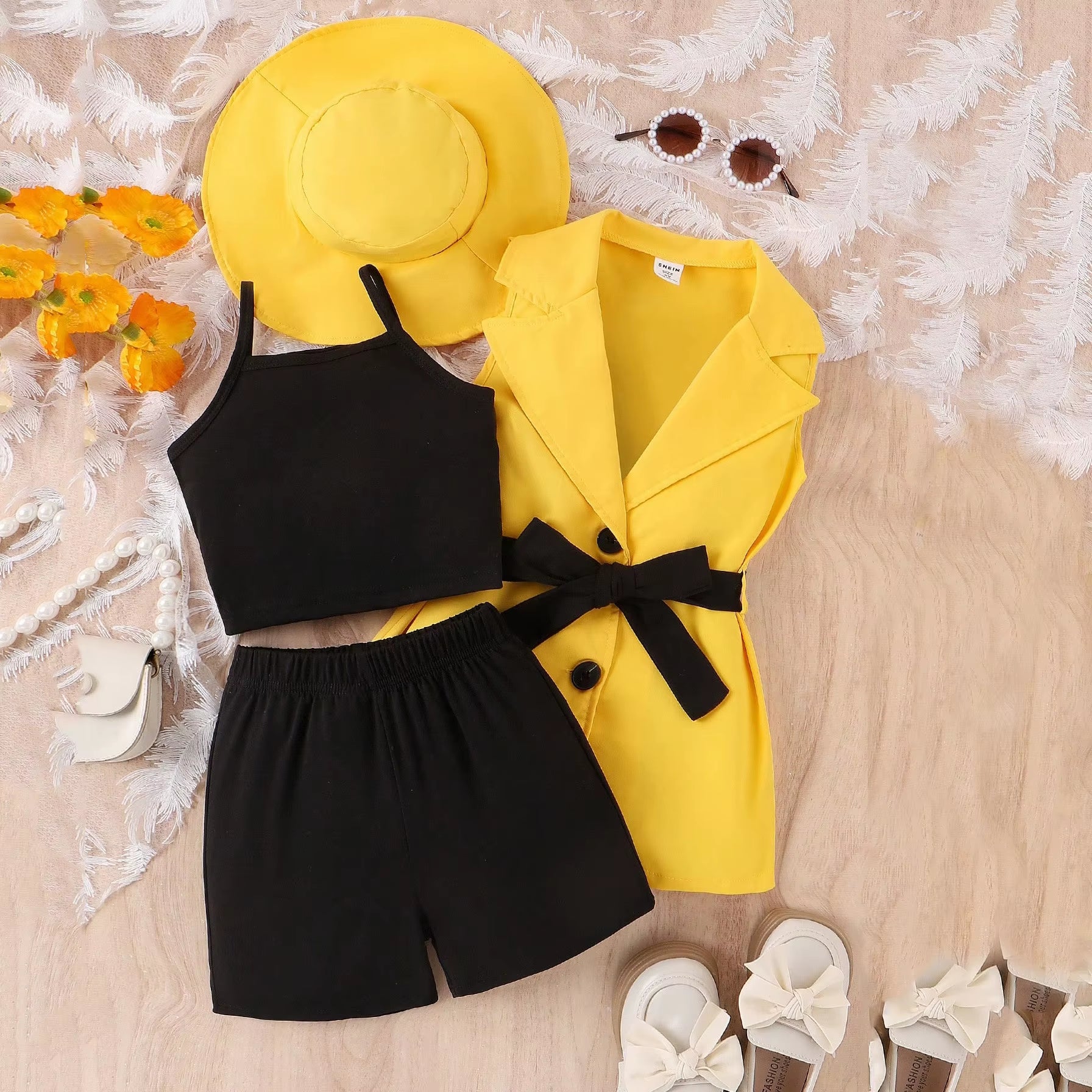 4Pcs Elegant Suit for Girls Children'S Clothing Belted Turn-Down Collar Jacket+Camisole+Shorts Luxury Girls Blazer Sets