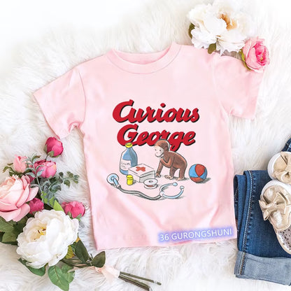 Kawaii Girls T-Shirts Curious George Cartoon Monkey Print Children'S Clothing Summer Tees Girls Tshirts Pink Short-Sleeved Tops