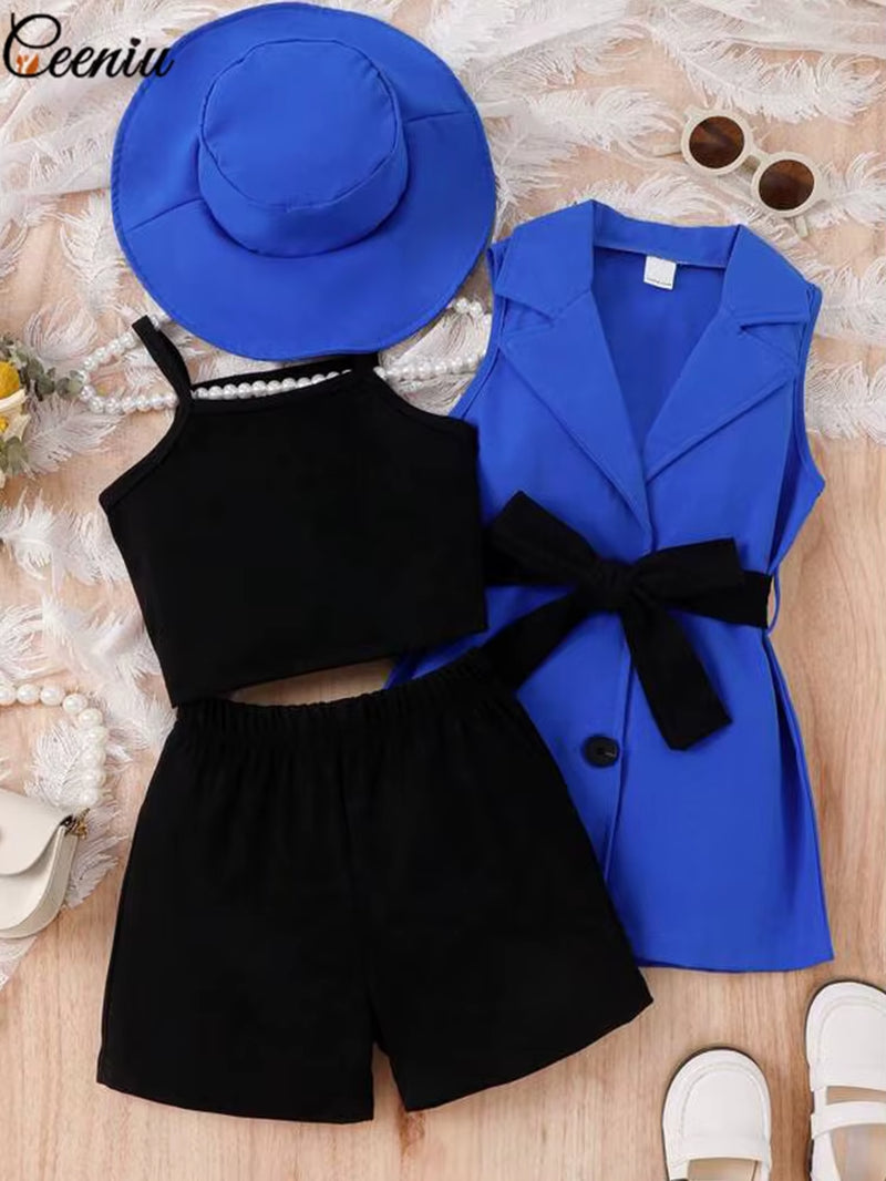 4Pcs Elegant Suit for Girls Children'S Clothing Belted Turn-Down Collar Jacket+Camisole+Shorts Luxury Girls Blazer Sets