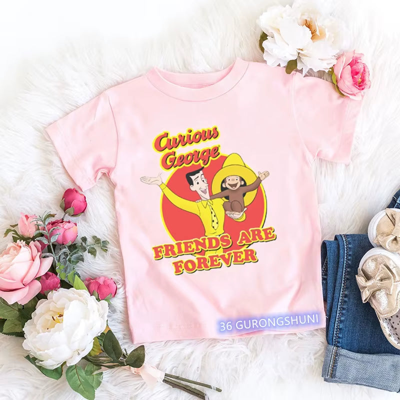 Kawaii Girls T-Shirts Curious George Cartoon Monkey Print Children'S Clothing Summer Tees Girls Tshirts Pink Short-Sleeved Tops