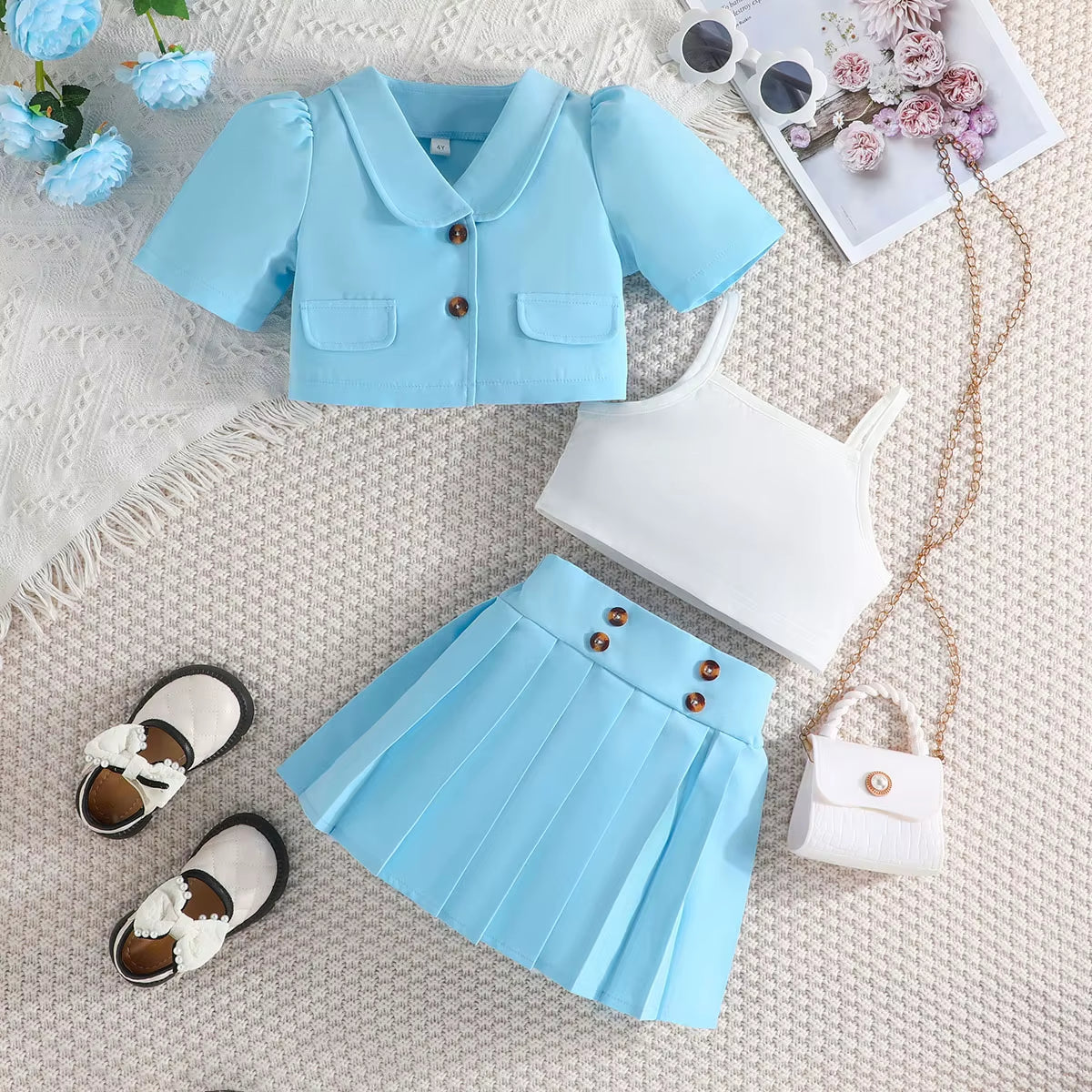 4Pcs Elegant Suit for Girls Children'S Clothing Belted Turn-Down Collar Jacket+Camisole+Shorts Luxury Girls Blazer Sets