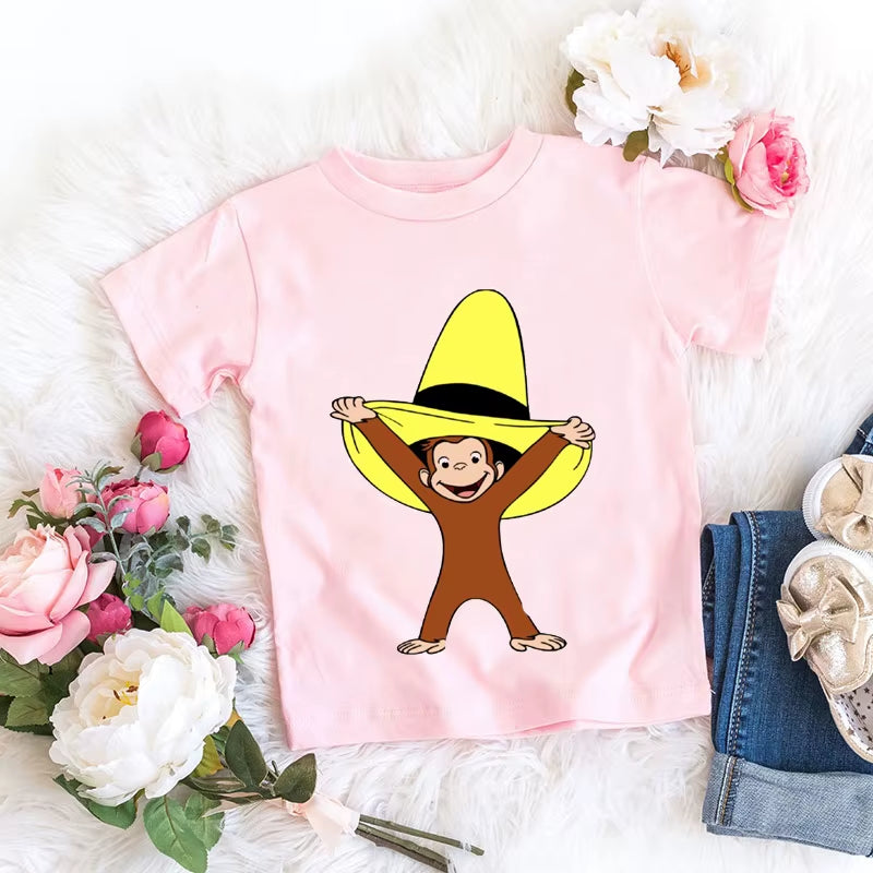 Kawaii Girls T-Shirts Curious George Cartoon Monkey Print Children'S Clothing Summer Tees Girls Tshirts Pink Short-Sleeved Tops