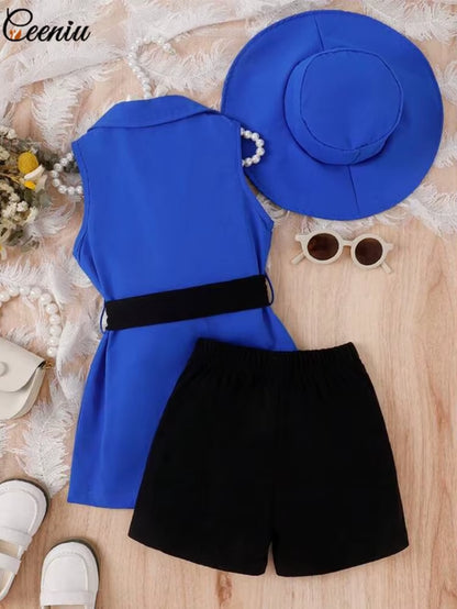 4Pcs Elegant Suit for Girls Children'S Clothing Belted Turn-Down Collar Jacket+Camisole+Shorts Luxury Girls Blazer Sets