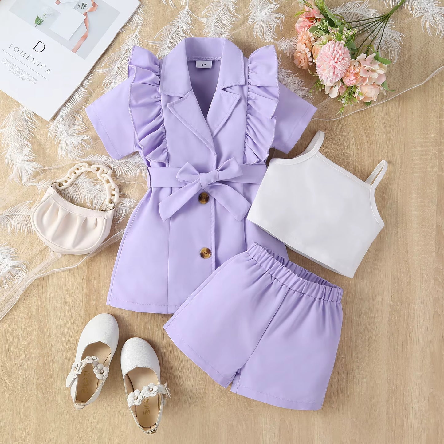 4Pcs Elegant Suit for Girls Children'S Clothing Belted Turn-Down Collar Jacket+Camisole+Shorts Luxury Girls Blazer Sets