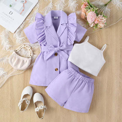 4Pcs Elegant Suit for Girls Children'S Clothing Belted Turn-Down Collar Jacket+Camisole+Shorts Luxury Girls Blazer Sets