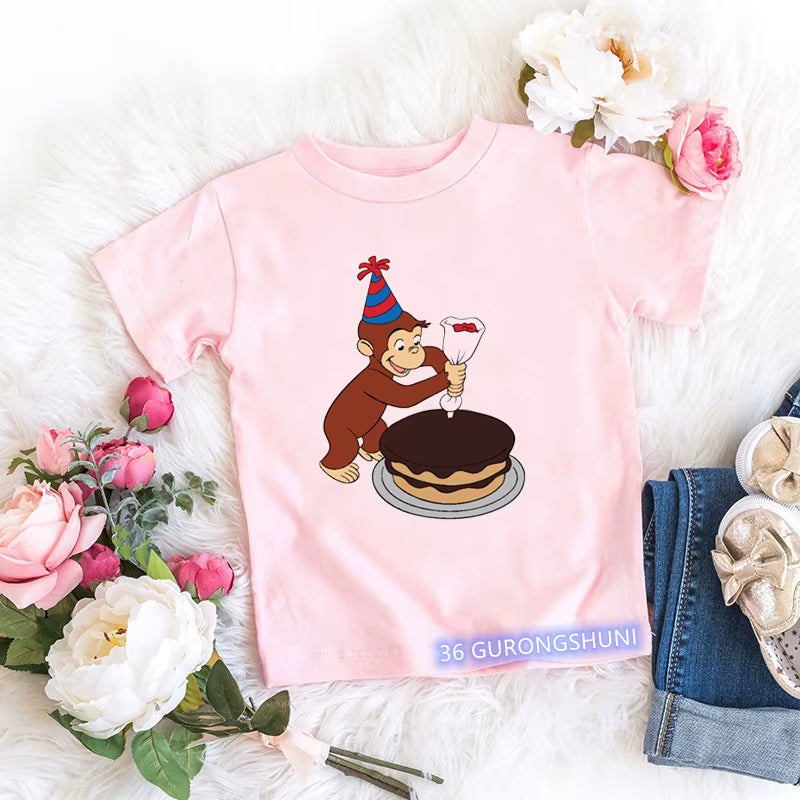 Kawaii Girls T-Shirts Curious George Cartoon Monkey Print Children'S Clothing Summer Tees Girls Tshirts Pink Short-Sleeved Tops