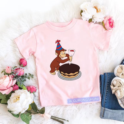 Kawaii Girls T-Shirts Curious George Cartoon Monkey Print Children'S Clothing Summer Tees Girls Tshirts Pink Short-Sleeved Tops