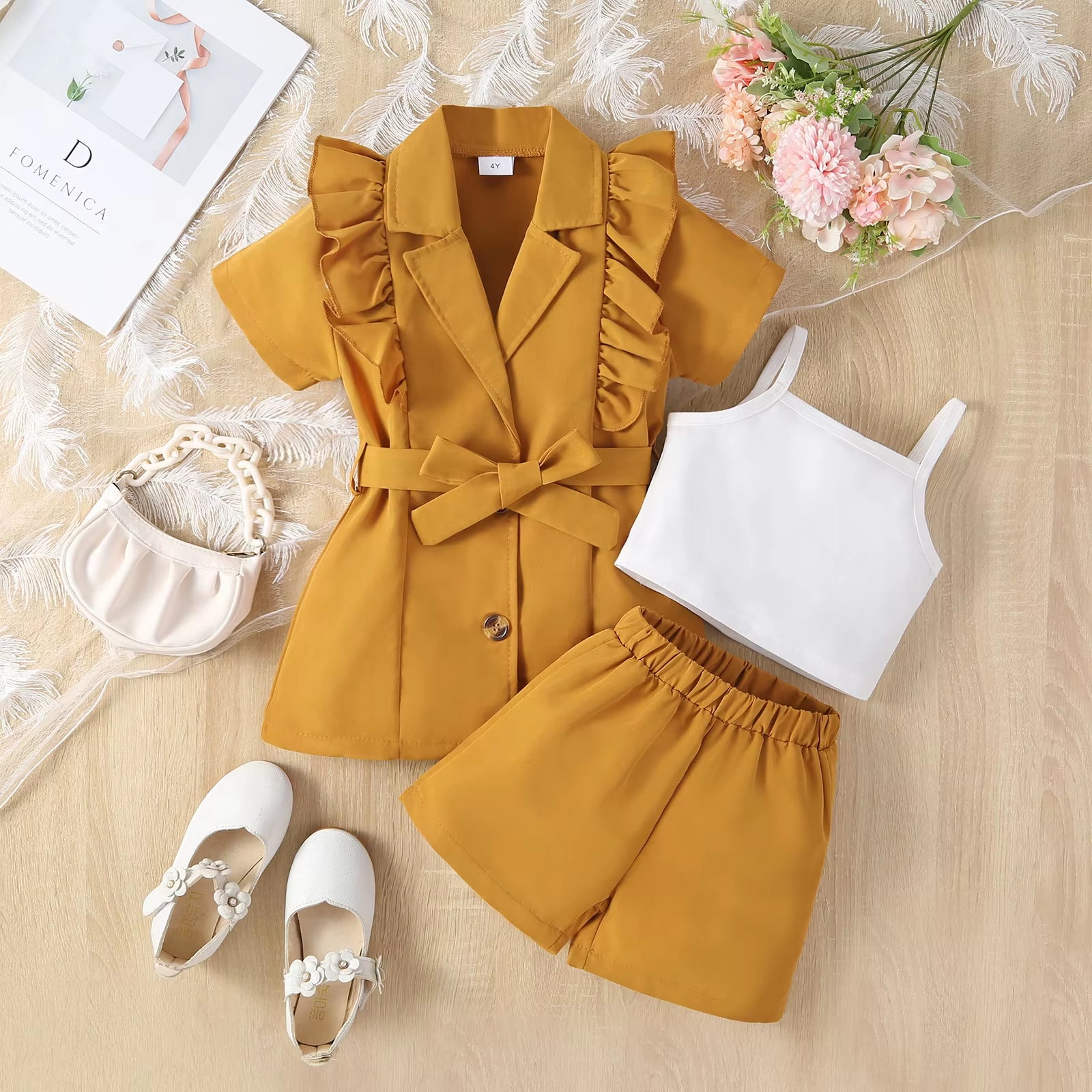 4Pcs Elegant Suit for Girls Children'S Clothing Belted Turn-Down Collar Jacket+Camisole+Shorts Luxury Girls Blazer Sets