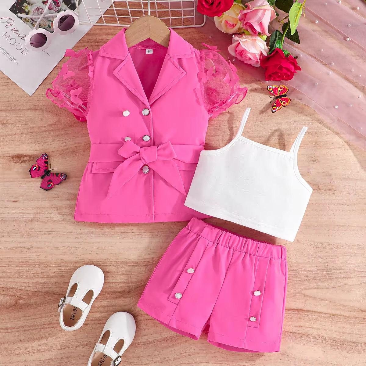 4Pcs Elegant Suit for Girls Children'S Clothing Belted Turn-Down Collar Jacket+Camisole+Shorts Luxury Girls Blazer Sets