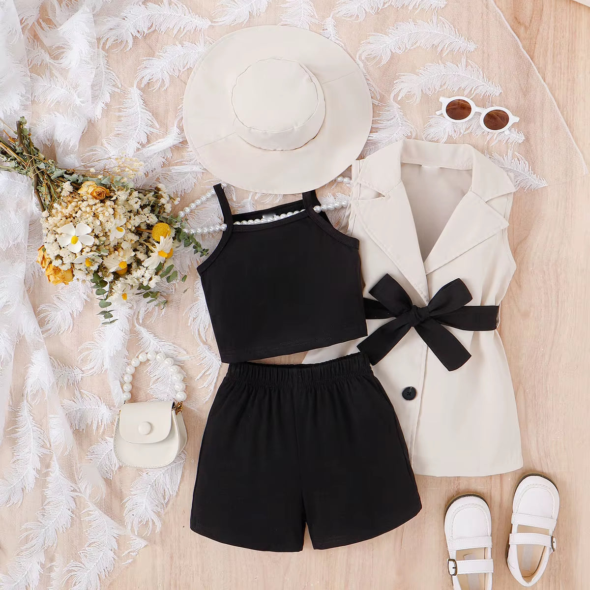 4Pcs Elegant Suit for Girls Children'S Clothing Belted Turn-Down Collar Jacket+Camisole+Shorts Luxury Girls Blazer Sets