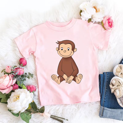 Kawaii Girls T-Shirts Curious George Cartoon Monkey Print Children'S Clothing Summer Tees Girls Tshirts Pink Short-Sleeved Tops