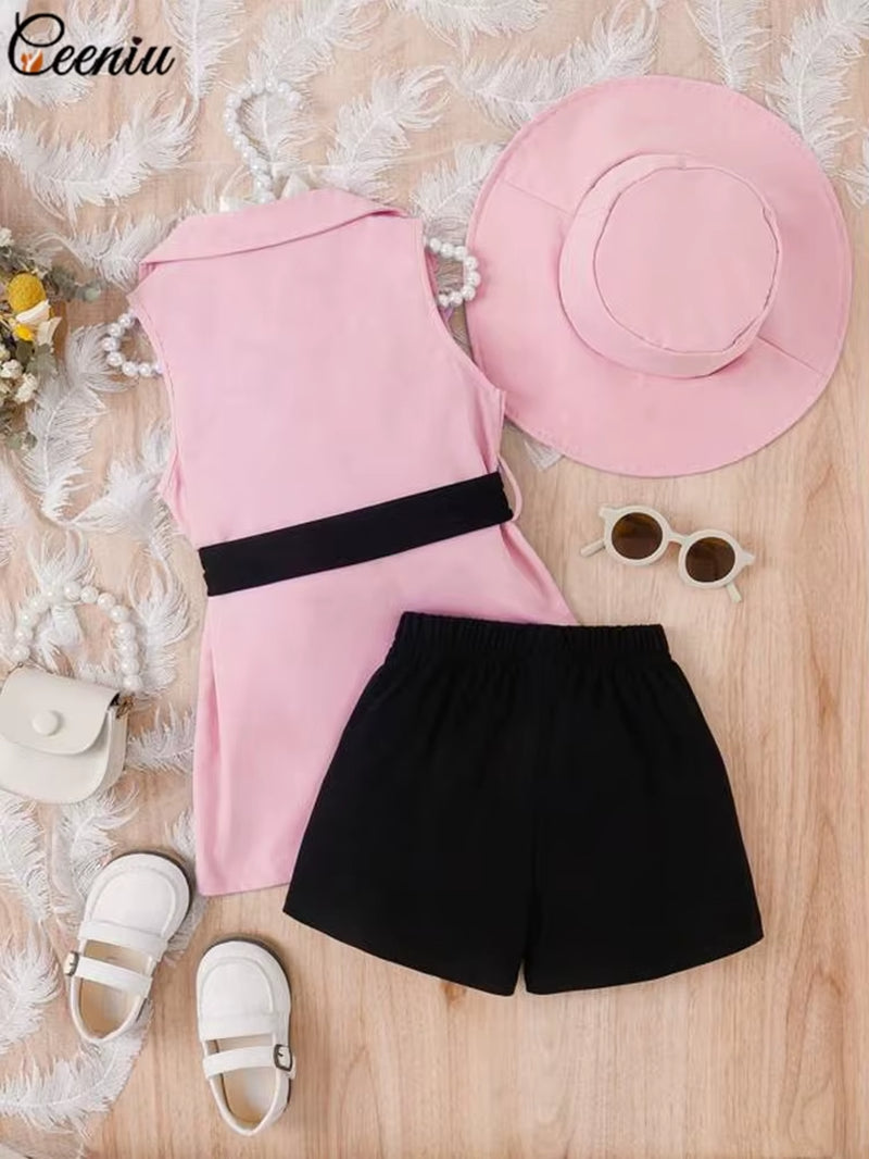 4Pcs Elegant Suit for Girls Children'S Clothing Belted Turn-Down Collar Jacket+Camisole+Shorts Luxury Girls Blazer Sets