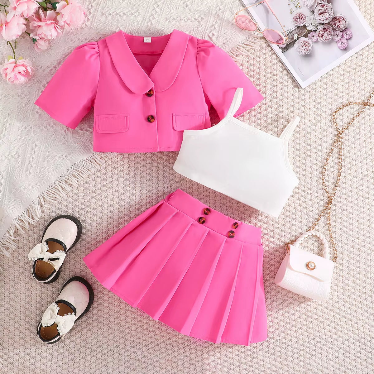 4Pcs Elegant Suit for Girls Children'S Clothing Belted Turn-Down Collar Jacket+Camisole+Shorts Luxury Girls Blazer Sets