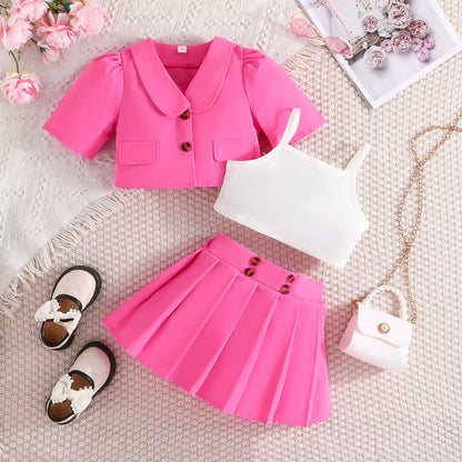 4Pcs Elegant Suit for Girls Children'S Clothing Belted Turn-Down Collar Jacket+Camisole+Shorts Luxury Girls Blazer Sets