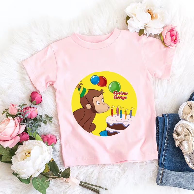 Kawaii Girls T-Shirts Curious George Cartoon Monkey Print Children'S Clothing Summer Tees Girls Tshirts Pink Short-Sleeved Tops