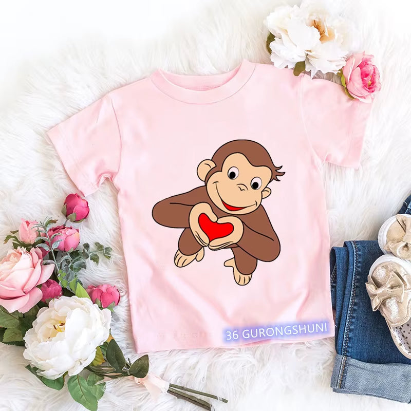 Kawaii Girls T-Shirts Curious George Cartoon Monkey Print Children'S Clothing Summer Tees Girls Tshirts Pink Short-Sleeved Tops