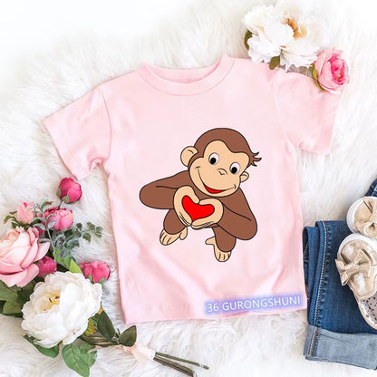 Kawaii Girls T-Shirts Curious George Cartoon Monkey Print Children'S Clothing Summer Tees Girls Tshirts Pink Short-Sleeved Tops