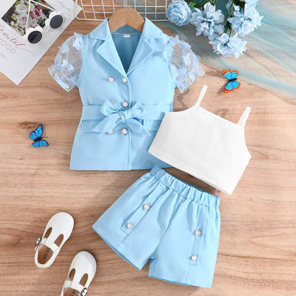 4Pcs Elegant Suit for Girls Children'S Clothing Belted Turn-Down Collar Jacket+Camisole+Shorts Luxury Girls Blazer Sets