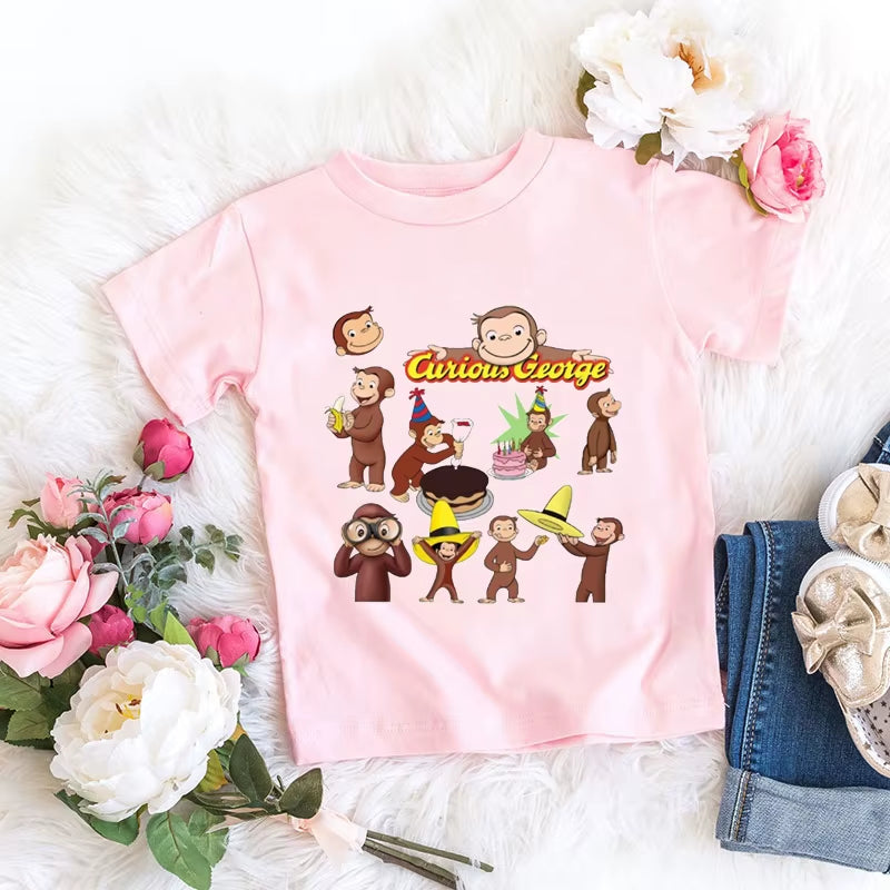 Kawaii Girls T-Shirts Curious George Cartoon Monkey Print Children'S Clothing Summer Tees Girls Tshirts Pink Short-Sleeved Tops