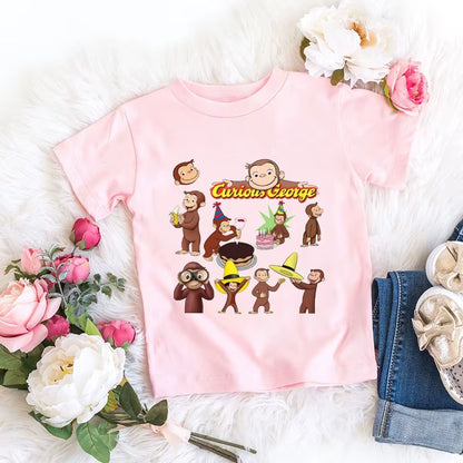 Kawaii Girls T-Shirts Curious George Cartoon Monkey Print Children'S Clothing Summer Tees Girls Tshirts Pink Short-Sleeved Tops