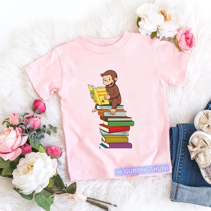 Kawaii Girls T-Shirts Curious George Cartoon Monkey Print Children'S Clothing Summer Tees Girls Tshirts Pink Short-Sleeved Tops