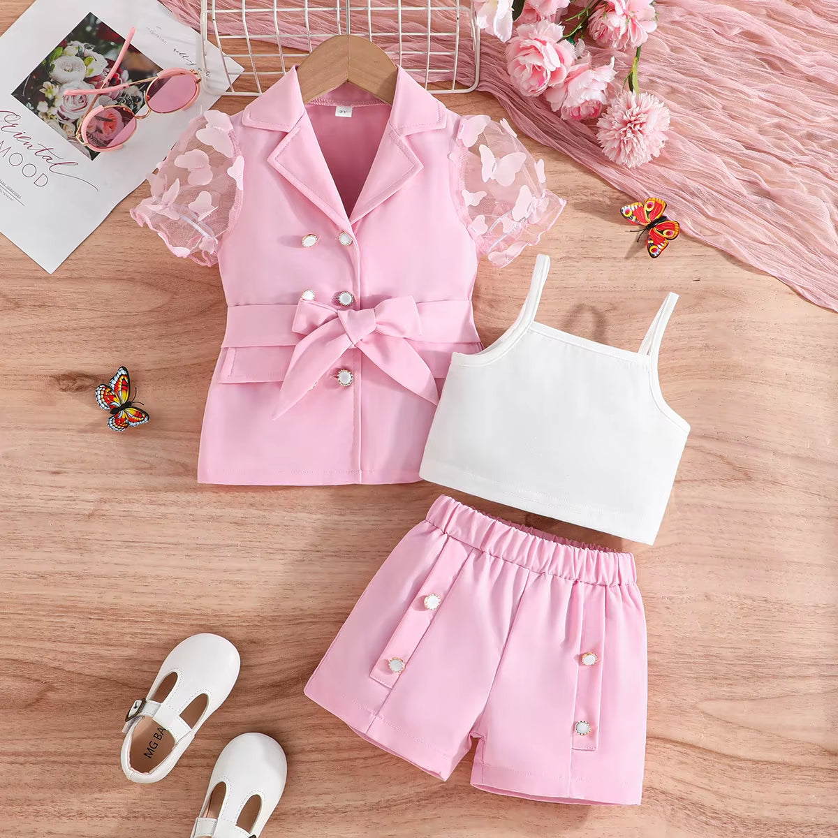 4Pcs Elegant Suit for Girls Children'S Clothing Belted Turn-Down Collar Jacket+Camisole+Shorts Luxury Girls Blazer Sets