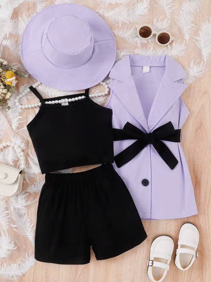 4Pcs Elegant Suit for Girls Children'S Clothing Belted Turn-Down Collar Jacket+Camisole+Shorts Luxury Girls Blazer Sets