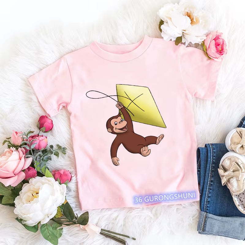 Kawaii Girls T-Shirts Curious George Cartoon Monkey Print Children'S Clothing Summer Tees Girls Tshirts Pink Short-Sleeved Tops