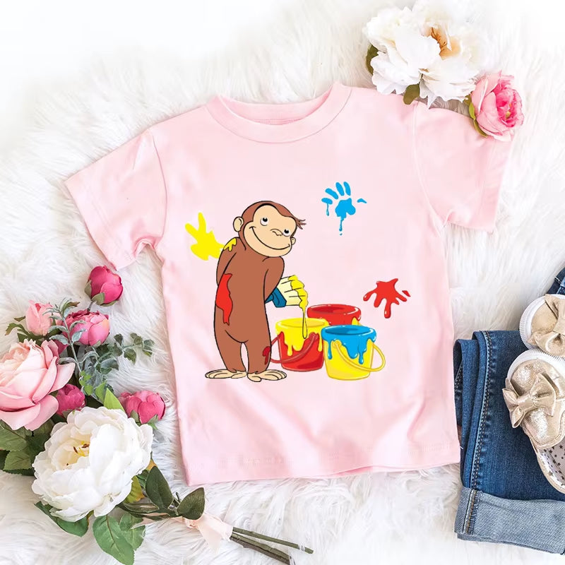 Kawaii Girls T-Shirts Curious George Cartoon Monkey Print Children'S Clothing Summer Tees Girls Tshirts Pink Short-Sleeved Tops